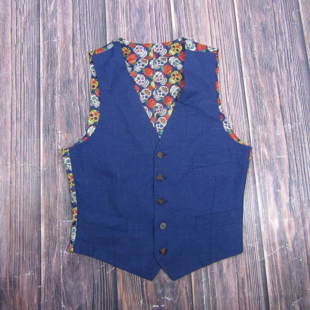 Indochino Vest‎ Mens M Blue Skull Floral Wool Linen Belted 5-Button Waistcoat